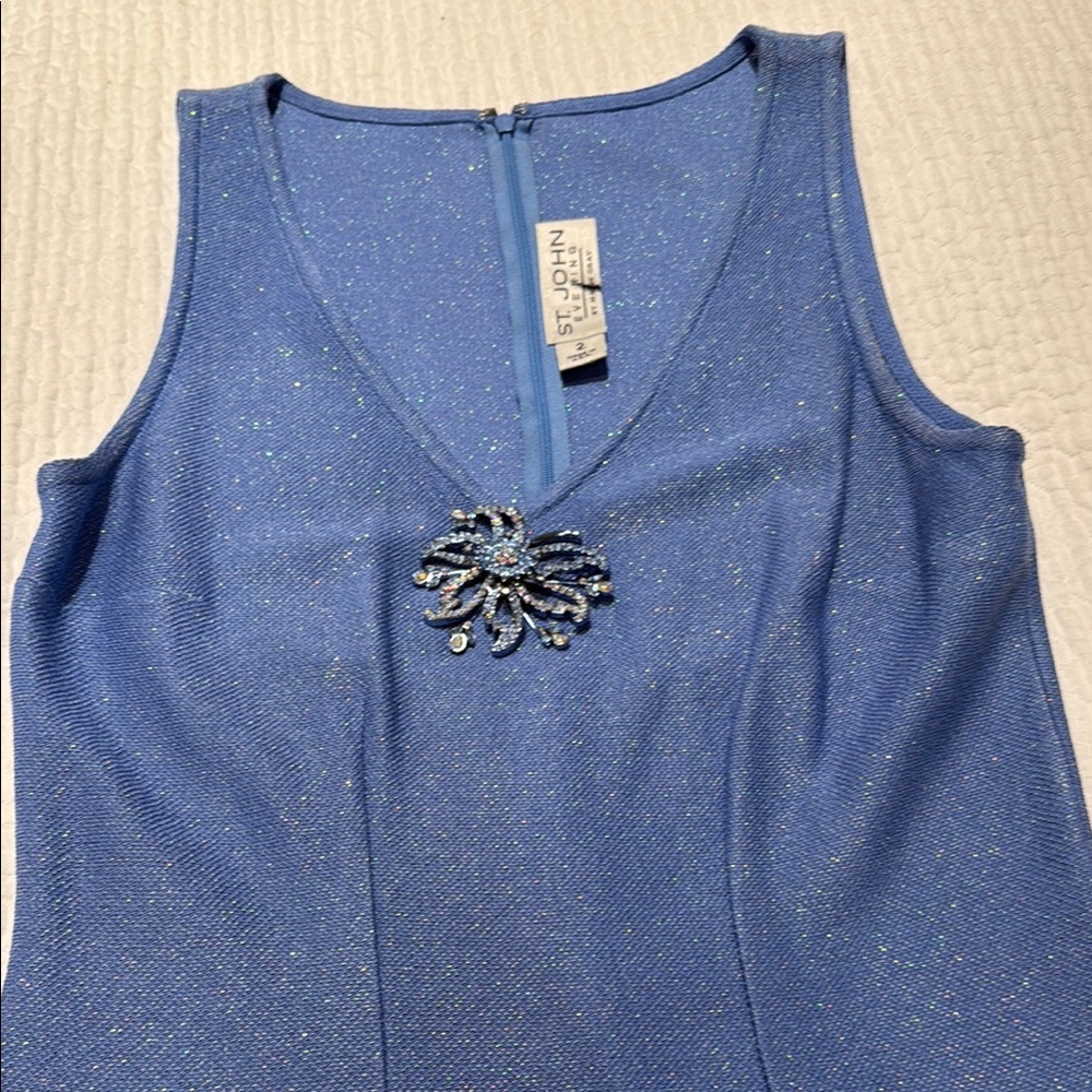 St. John Blue Sleeveless dress with Brooch